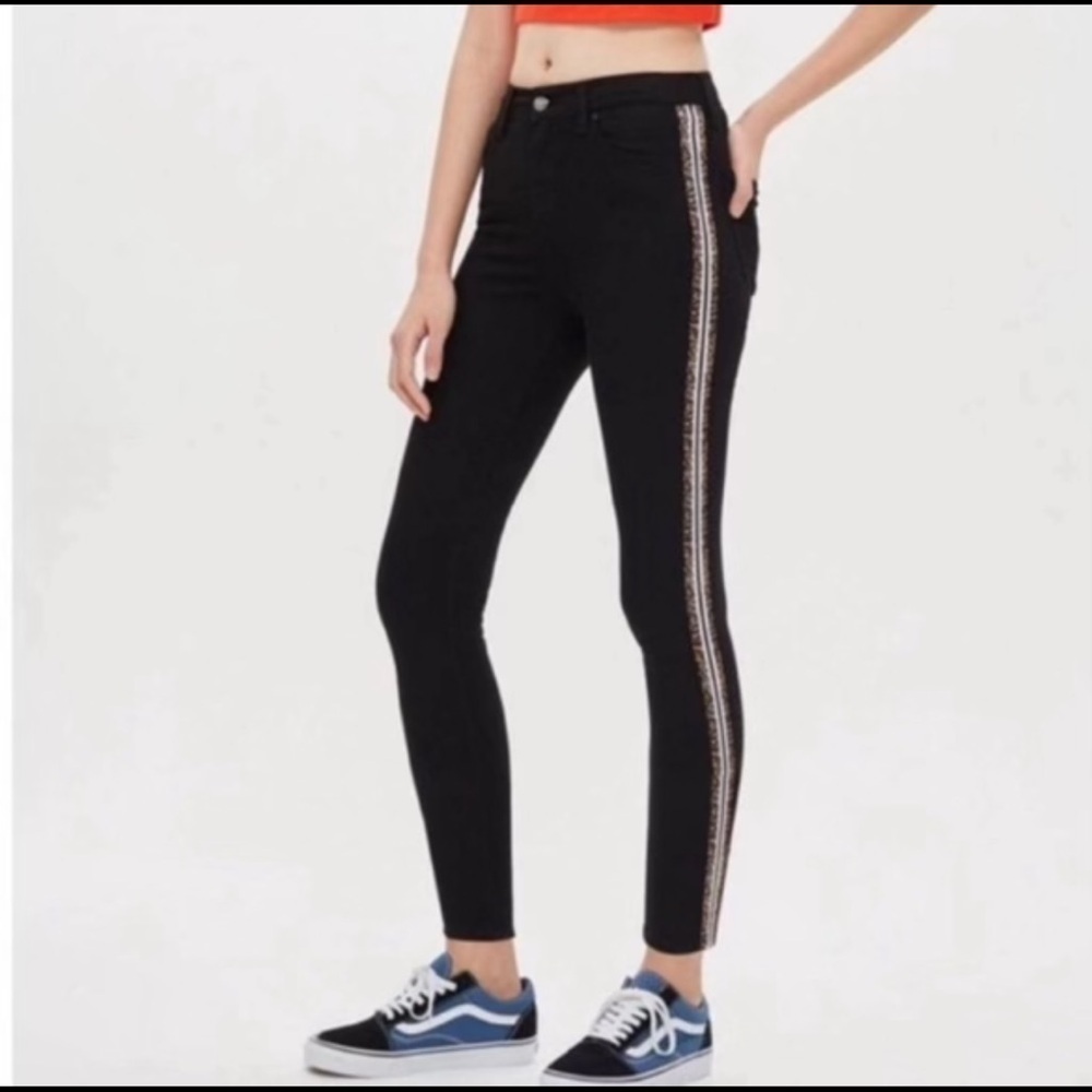 Top Shop Moto Jamie black jeans with side cheetah stripe‎ 30x30